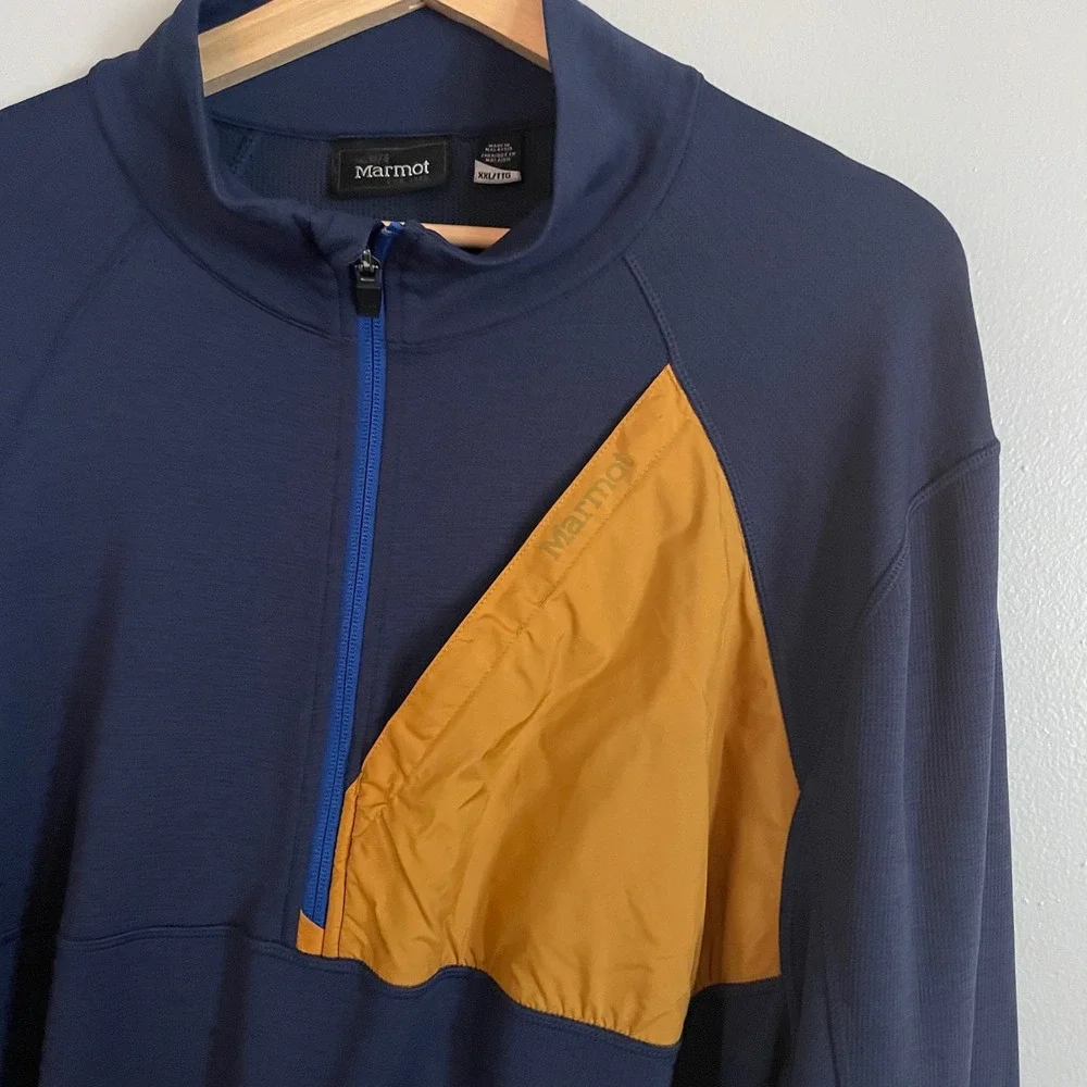 Marmot Pullover Mens XXL Blue Yellow 1/4 Zip Grid Fleece Pocket Gorpcore SCC-569